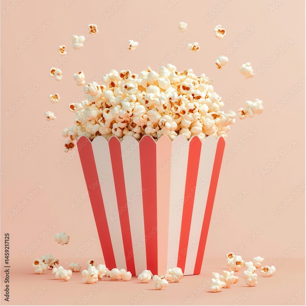 A classic movie treat! Fresh popcorn overflowing from a red and white striped container, ready for a fun film night. Delicious snack! A classic movie treat! Fresh popcorn overflowing from a red and white striped container, ready for a fun film night. Delicious snack!