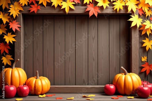 Autumn decor with pumpkins and apples on a wooden shelf