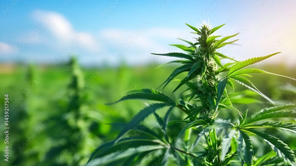 Close-up view of a vibrant green cannabis plant, showcasing its detailed leaves and budding flowers under a bright, sunny sky. The background subtly blurs a field of similar plants. : Generative AI Close-up view of a vibrant green cannabis plant, showcasing its detailed leaves and budding flowers under a bright, sunny sky. The background subtly blurs a field of similar plants. : Generative AI
