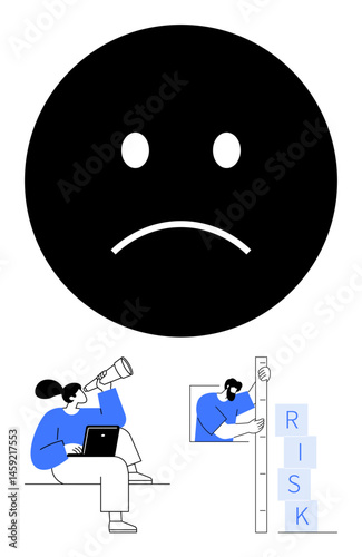 Black sad face symbolizing concern over challenges, individuals using telescope, laptop, and gauge to measure and address risk. Ideal for problem-solving, teamwork, risk analysis, emotional impact