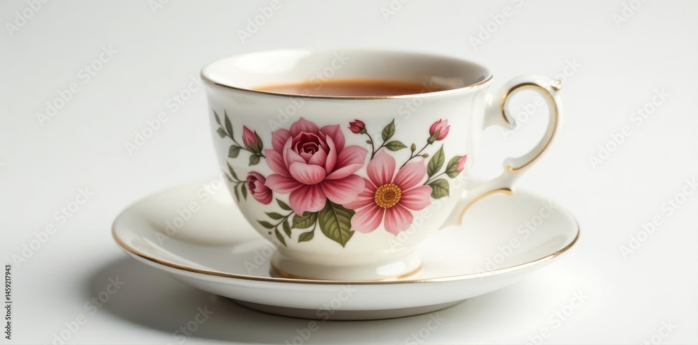 Fototapeta premium Elegant white teacup with painted floral design, isolated , still life, botanical, vintage