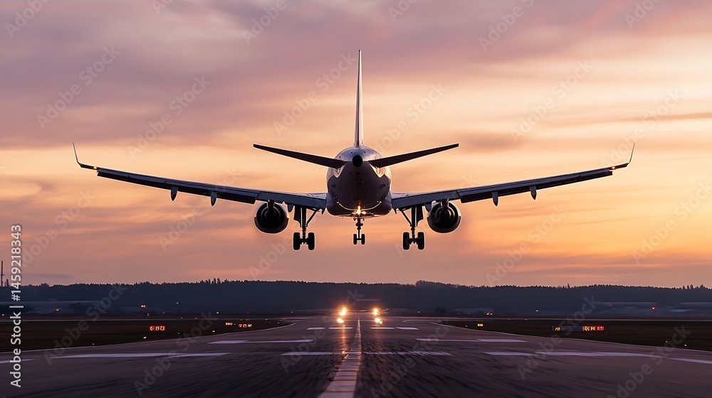 Fototapeta premium Airplane landing at sunset, rear view, showcasing the aircraft's silhouette against a vibrant, colorful sky. The runway lights guide the plane to a safe landing. : Generative AI