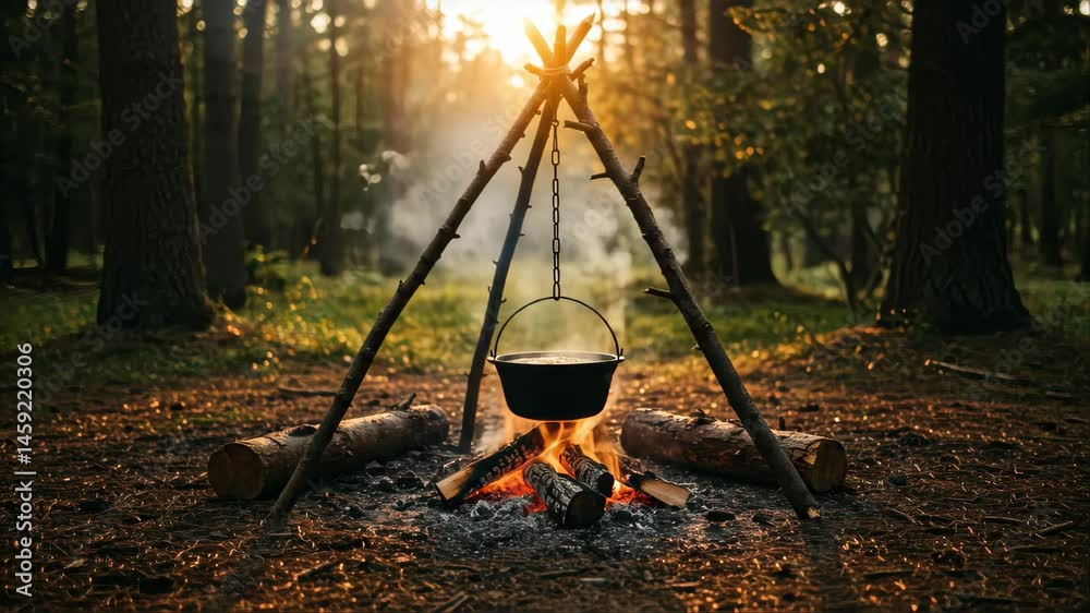 Cooking Pot Hung Over Campfire In Woodland During Golden Hour Sunshine Warmth Cooking Pot Hung Over Campfire In Woodland During Golden Hour Sunshine Warmth