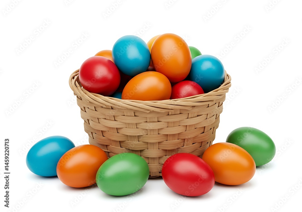 Naklejka premium Colorful painted easter eggs in a woven basket surrounded by isolated eggs
