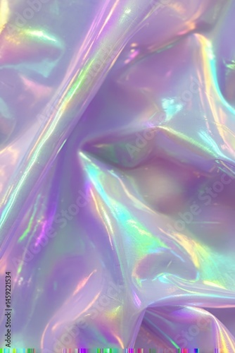Iridescent pastel fabric with a glossy, holographic texture in soft purple, blue, and yellow hues.
