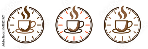 Coffee Time icon set isolated on transparent background. Coffee cup with steam on the wall clock. It's time for break vector illustration. Set of three variants of Time for Coffee illustrations.