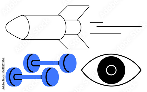 Rocket flying forward, two blue dumbbells symbolizing strength, and a wide open eye emphasizing vision. Ideal for fitness, speed, focus, strength, agility, progress simple landing page