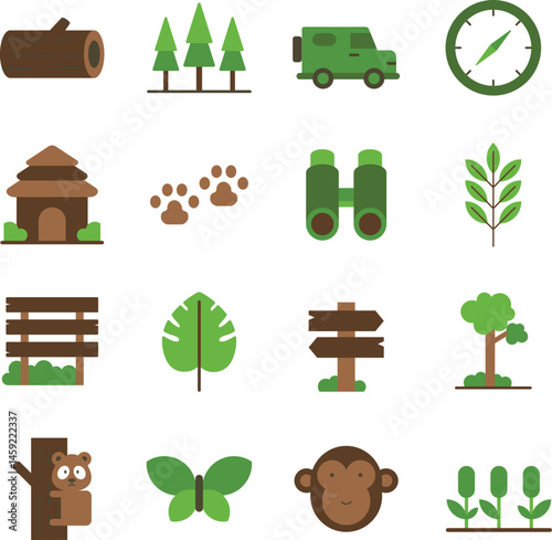 Jungle illustration set. Includes of  forest, trees, wildlife, tropical, leaves, animals, and More. Vector flat color collection