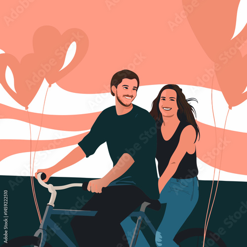 Romantic couple cycling with heart balloons, flat cartoon illustration ideal for love and Valentine’s themes.