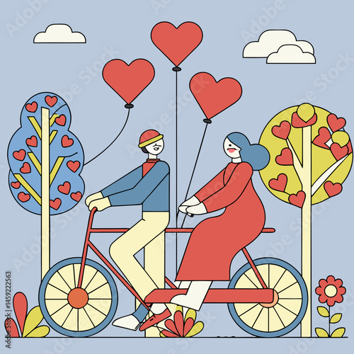 Romantic couple cycling with heart balloons, flat cartoon illustration ideal for love and Valentine’s themes.