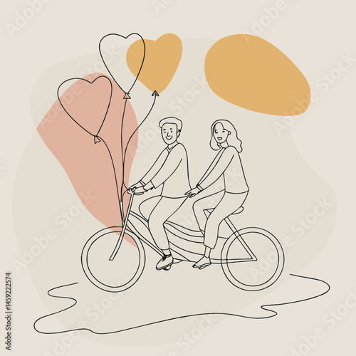 Romantic couple cycling with heart balloons, flat cartoon illustration ideal for love and Valentine’s themes.