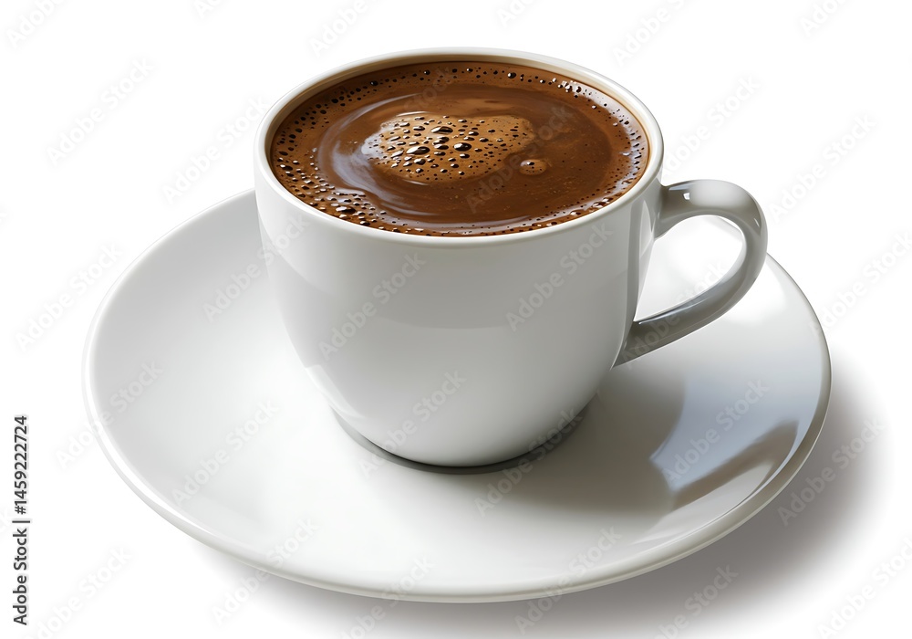Fototapeta premium Freshly brewed cup of coffee with creamy foam on white ceramic saucer and cup