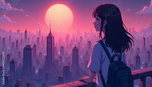 A 16 year old asian girl with black hair looking at a cityscape during sunset with a big moon in the background