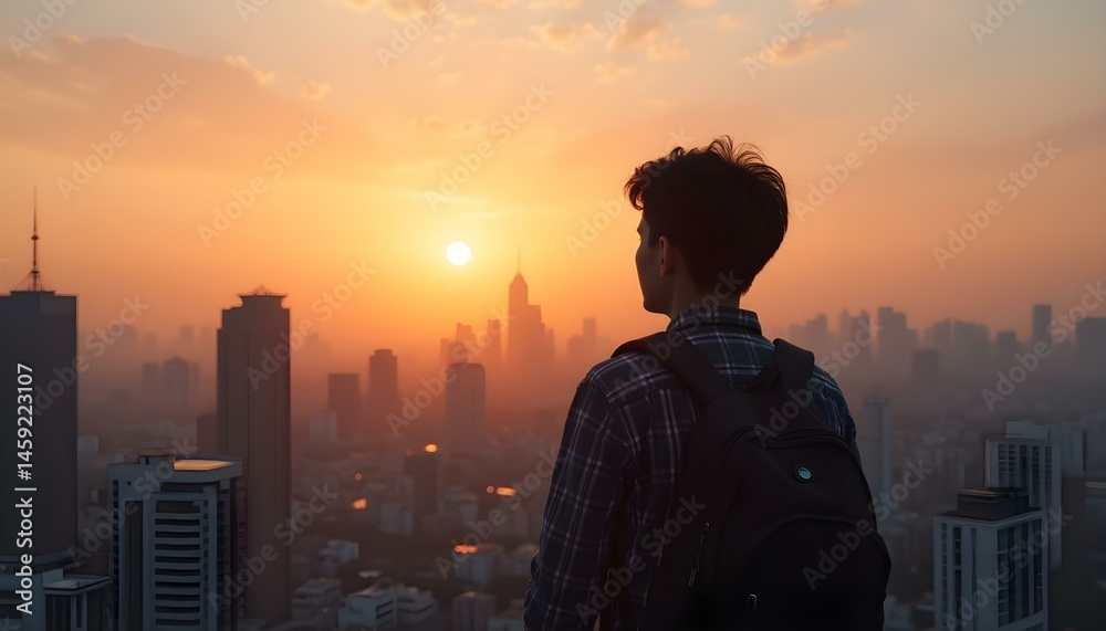 Fototapeta premium A 20 year old asian man with black hair and a backpack looking at a city during sunset from a rooftop
