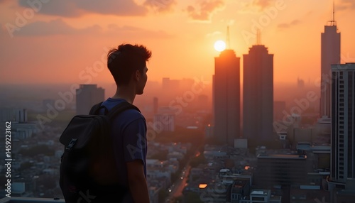 A 20 year old asian man with black hair and a backpack looking at a city during sunset from a rooftop