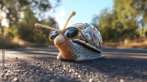 Smiling snail wearing sunglasses on a paved road.