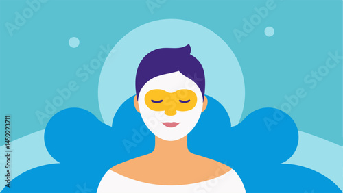 Face Mask Application An illustration of a woman relaxing with an exosomeinfused face mask light radiating against her skin giving a brightening effect.