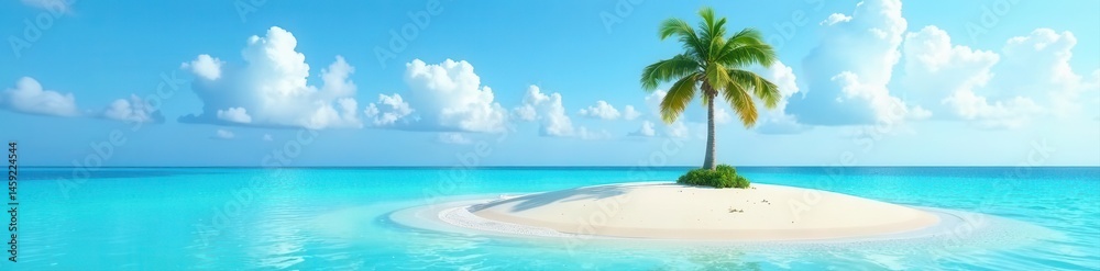 Small sandy island, single palm tree, blue water backdrop , summer, horizon, simple Small sandy island, single palm tree, blue water backdrop , summer, horizon, simple