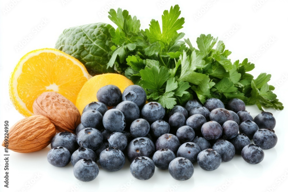 Fototapeta premium Fresh berries, nuts, and herbs on white background. Artificial Intelligence image