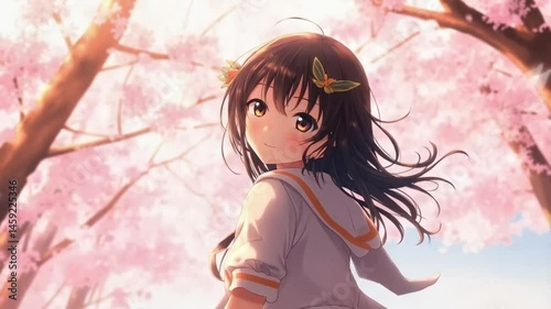 A long-haired girl stands in front of a tree with pink flowers. Cheerful and smooth repeating motion for background video animation.