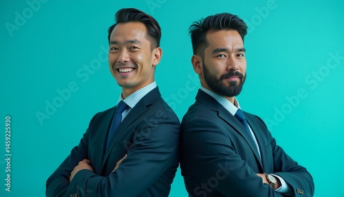 Two men in suits stand back-to-back, smiling at the camera.
AI-generated image