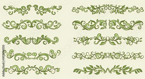Elegant Green Floral Design Elements: A Collection of Eight Decorative Swirls and Vines for Artistic Projects