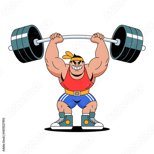 A cartoon weightlifter powerfully lifts a heavy barbell overhead.

