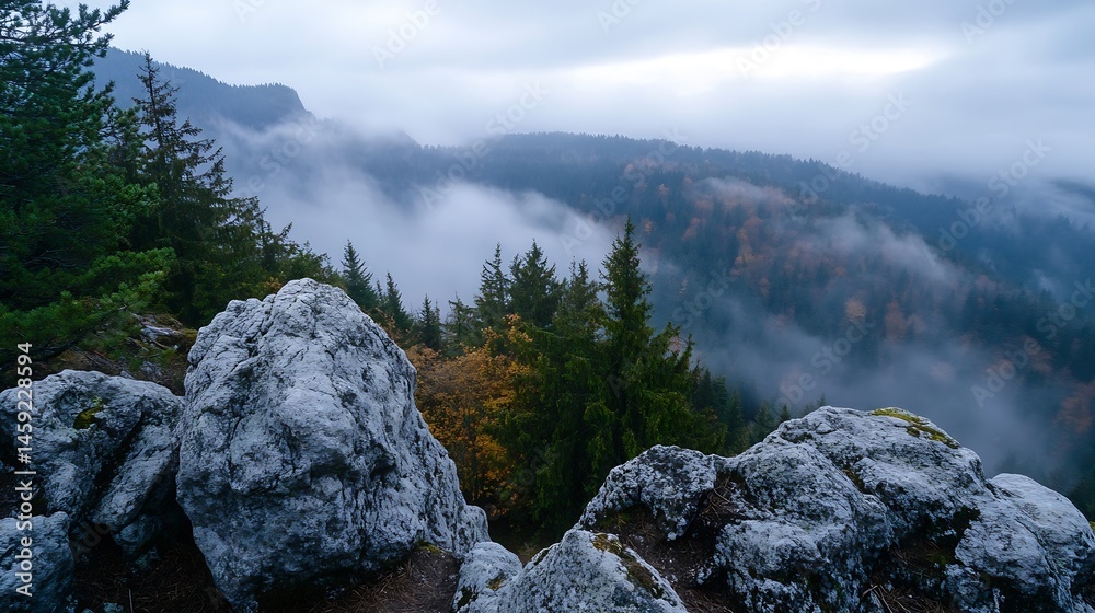 Obraz premium Misty mountain landscape with rocks and evergreen forest, showcasing a serene autumnal scene in the highlands, with fog rolling through the valleys. : Generative AI