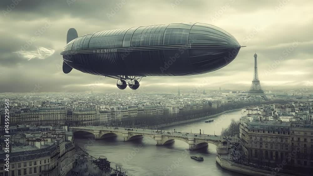 Airship soaring over a cityscape, a bridge, and river, with a famous tower in the background under a cloudy sky Airship soaring over a cityscape, a bridge, and river, with a famous tower in the background under a cloudy sky