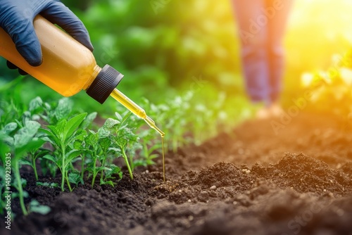 Applying liquid fertilizer to young potato plants.  A gloved hand pours a nutrient solution onto the soil around growing plants