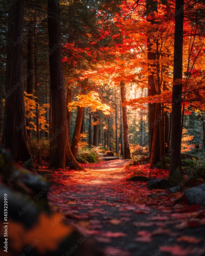 Fototapeta premium Sun-drenched forest pathway covered in bright red and orange maple leaves golden sunlight filtering through tree canopy, serene autumn trail, warm tones