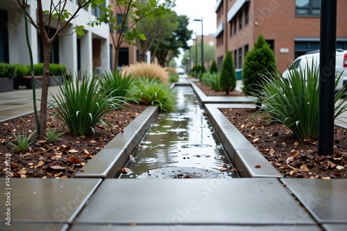 Sustainable City Rain Garden Alongside Pavement with Indigenous Flora and Protective Mulch, Collecting Rainwater for Eco-Friendly Urban Drainage photo
