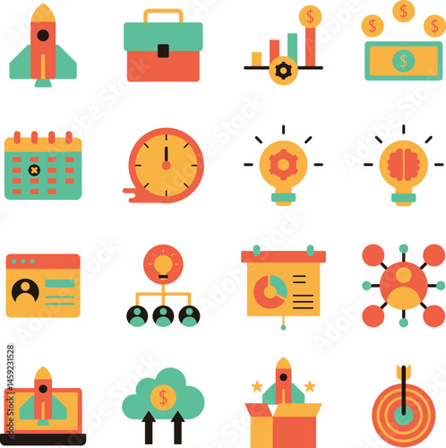 Startup illustration set. Includes of  innovation, entrepreneur, business, idea, launch, growth, funding, and More. Vector flat color collection