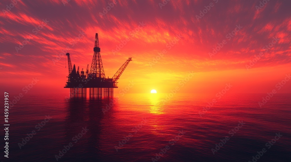 Obraz premium Offshore oil rig silhouette at sunset red sky calm ocean