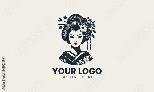 Traditional geisha with floral hair accessories in black and white portrait vector logo
