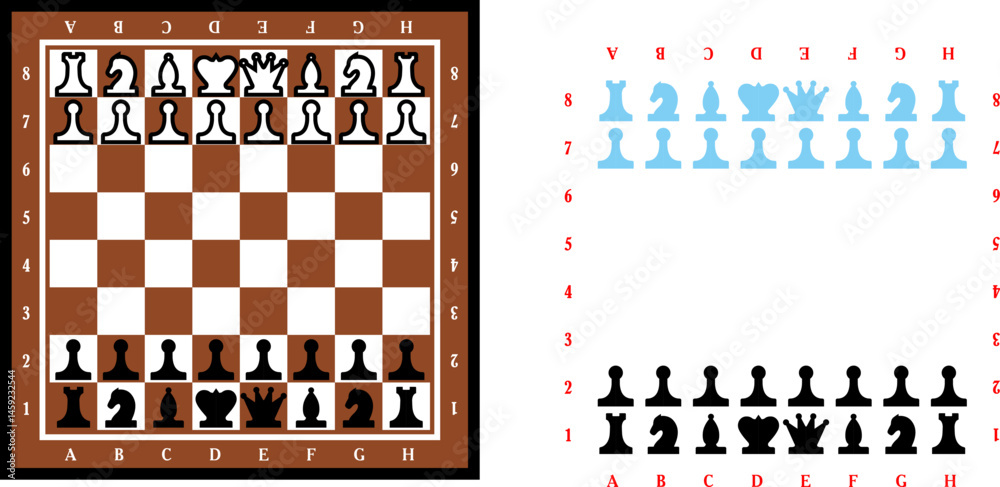 chessboard with stylized pieces king, queen, officer, bishop, knight, pawn, rook, vector drawing