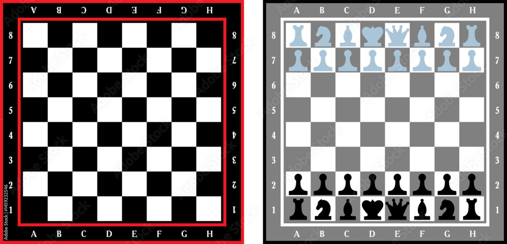 chessboard with stylized pieces king, queen, officer, bishop, knight, pawn, rook, vector drawing