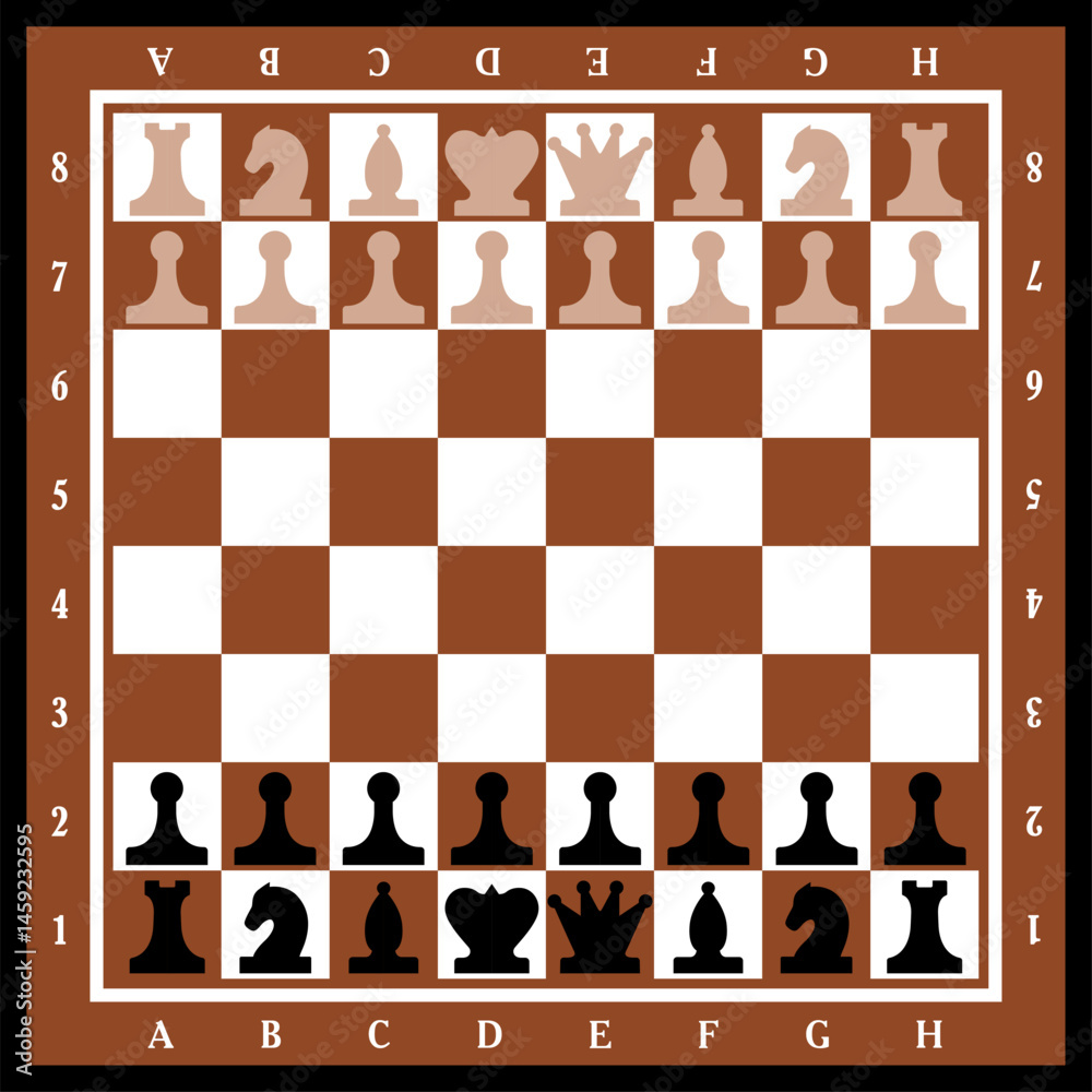 chessboard with stylized pieces king, queen, officer, bishop, knight, pawn, rook, vector drawing