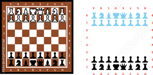 Obraz na płótnie chessboard with stylized pieces king, queen, officer, bishop, knight, pawn, rook, vector drawing w salonie