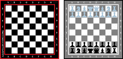 Obraz na płótnie chessboard with stylized pieces king, queen, officer, bishop, knight, pawn, rook, vector drawing w salonie