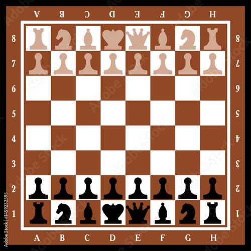 chessboard with stylized pieces king, queen, officer, bishop, knight, pawn, rook, vector drawing