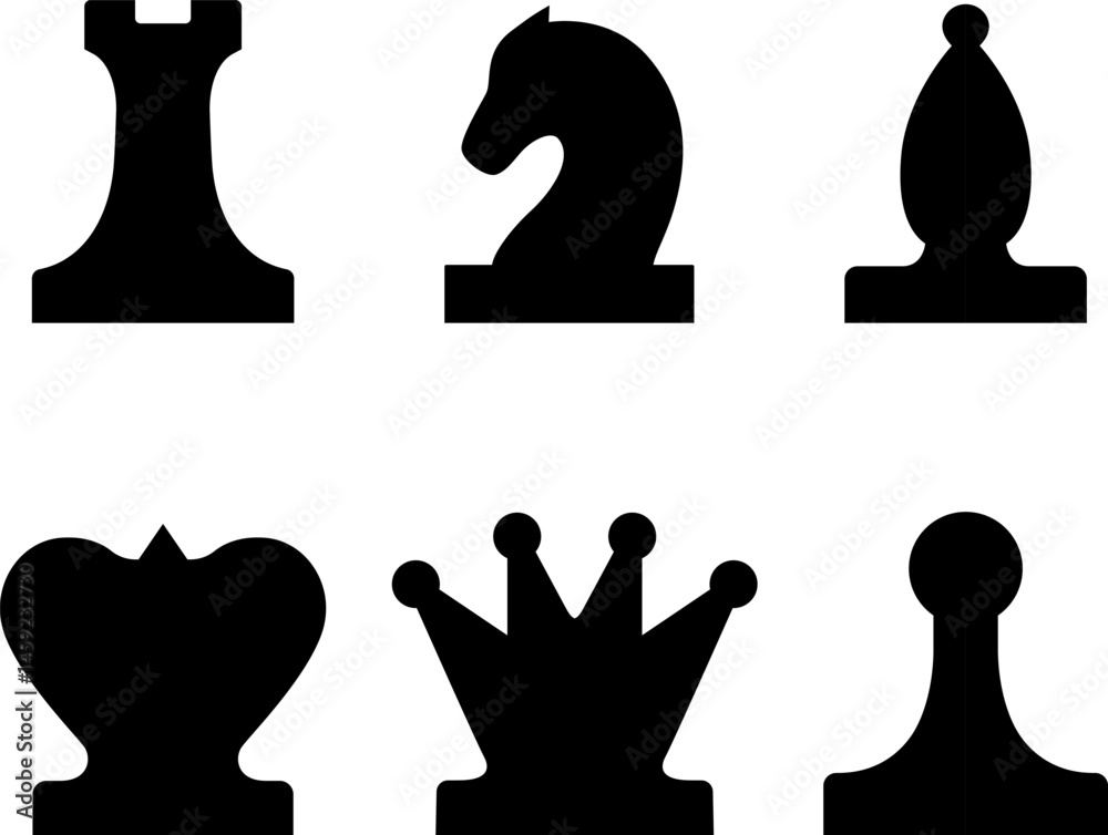 chessboard with stylized pieces king, queen, officer, bishop, knight, pawn, rook, vector drawing