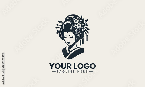 Black and white geisha portrait with floral hair design in traditional vector style