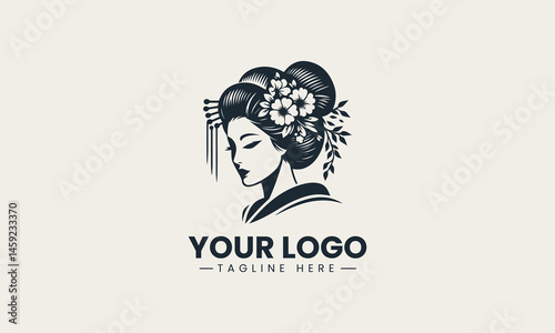 Black and white geisha portrait with floral hair design in traditional vector style