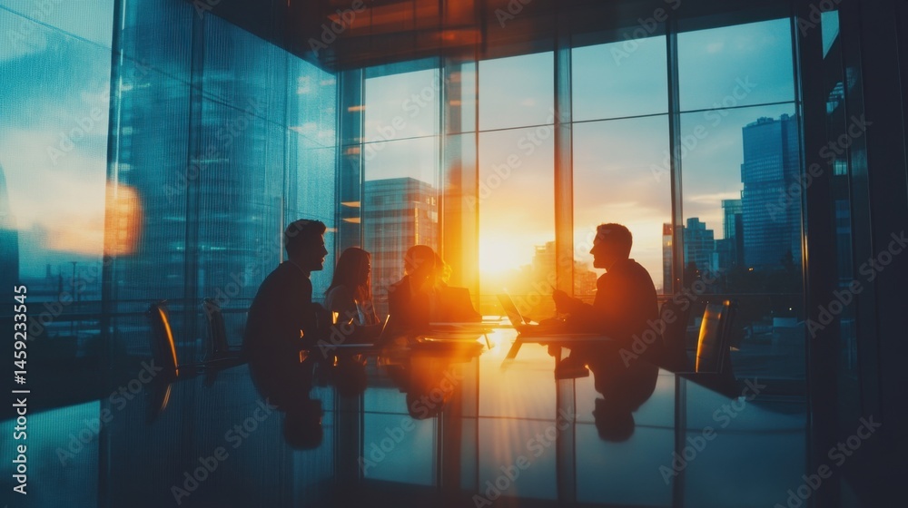 Fototapeta premium Silhouetted professionals meeting at boardroom table bathed in vibrant sunset light