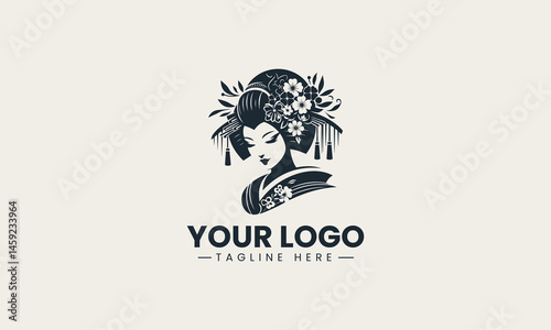 Black and white geisha portrait with floral hair design in traditional vector style