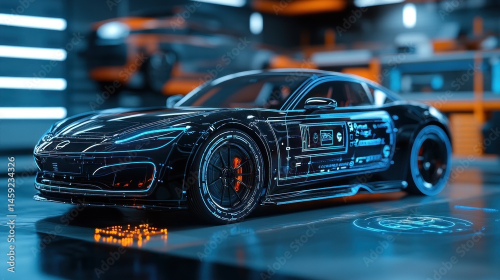 Obraz premium Futuristic sports car with digital interface technology concept