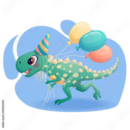 Cute dinosaur is running with balls. Charming prehistoric animal, a tyrannosaurus in a festive hat. Isolated vector illustration for design, prints and patterns