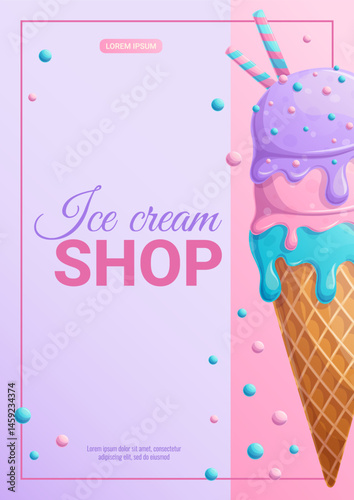 Bright design of an ice cream shop flyer. Different types of ice cream. The concept of summer, sweets. A4 vector illustration for posters, banners and advertisements