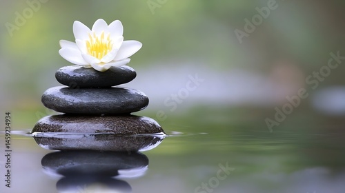 Serene water lily blossom atop a balanced stack of smooth, dark grey stones, floating gently on calm water, reflecting the tranquil scene. : Generative AI